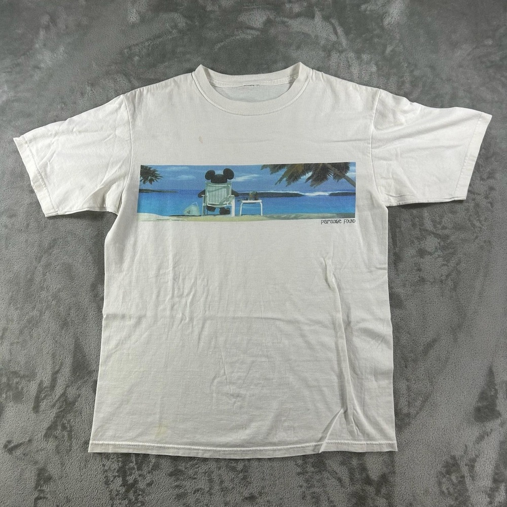 Disney Shirt Mens Medium White Mickey Mouse Paradise Found Beach Graphic Tee